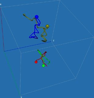 Graphic simulation of sinuous blue, yellow, red and green lines against a blue background