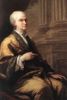 Portrait peint d'un homme aux cheveux blancs, assis de profil avec une main surélevée et pointant de l'index