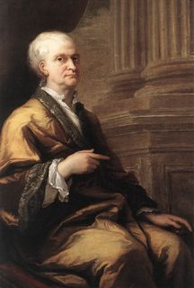 Painted portrait of a man with white hair seated in profile with a raised hand and pointing index finger