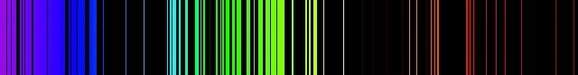 Vertical lines on a horizontal black band representing the colour spectrum from violet to red, separated by black spaces of varying widths