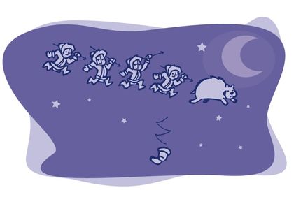 Drawing against a purple background of four Inuit chasing a bear in the starry sky with a moon