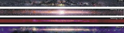 Four panoramic, superposed images of the Milky Way. The first is darker, the second very luminous at the centre, the third is red and the fourth is reddish purple with a long luminous line