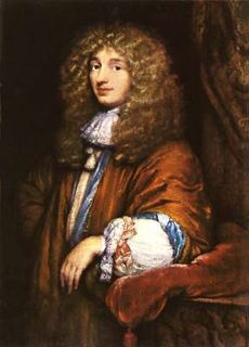 Oil portrait of a man with long curly hair wearing several layers of clothing, standing in front of a brown velvet curtain