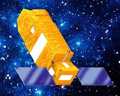 Image of a rectangular yellow telescope with square solar panels installed at one end on each side, deployed in orbit in a star-filled blue sky.